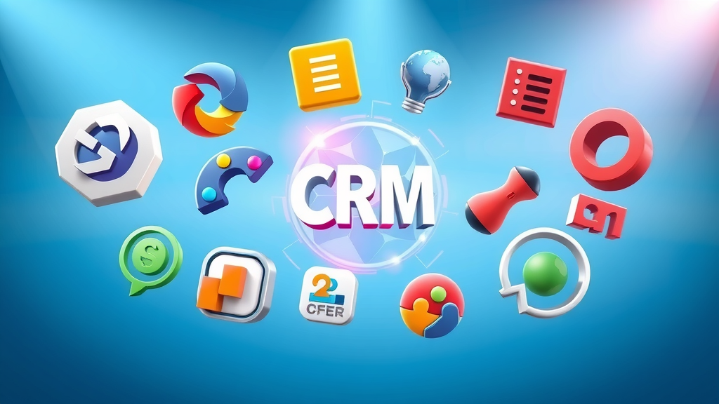 Dynamic CRM icons illustrating top customer relationship management software solutions in vibrant digital gradients.