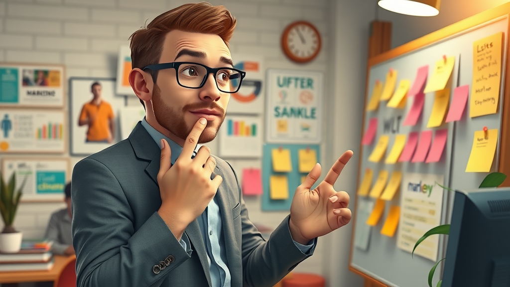 Ambitious SMB entrepreneur pinning strategy notes on board with digital marketing plan in cozy office background