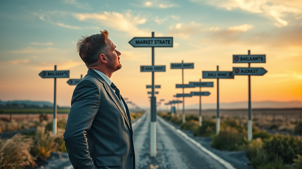 businessman choosing marketing customer acquisition strategies road signs at a crossroad sunset