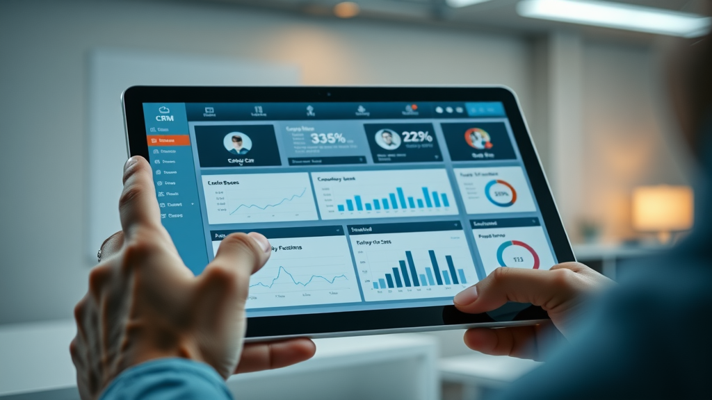 Sleek crm tool dashboard interface displaying customer relationship management functionalities on a tablet. Highly detailed, digital charts and animated UI elements.
