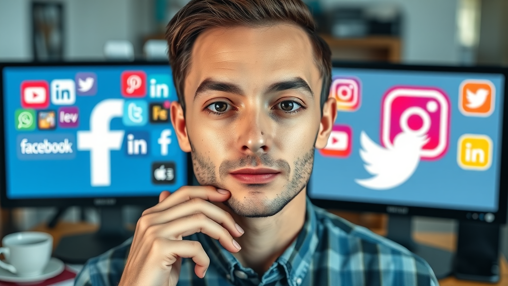 Collage of major social media platform logos displayed on digital screens with coffee cup and office papers.