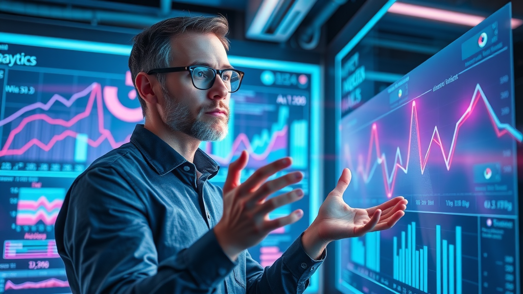 inspired visionary marketing analyst interacting with AI and machine learning predictive analytics for next-gen digital marketing strategies