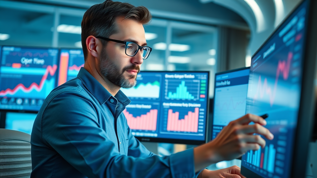 Marketing executive analyzing open and click rates on automated email campaign dashboard, featuring vibrant digital graphs and data