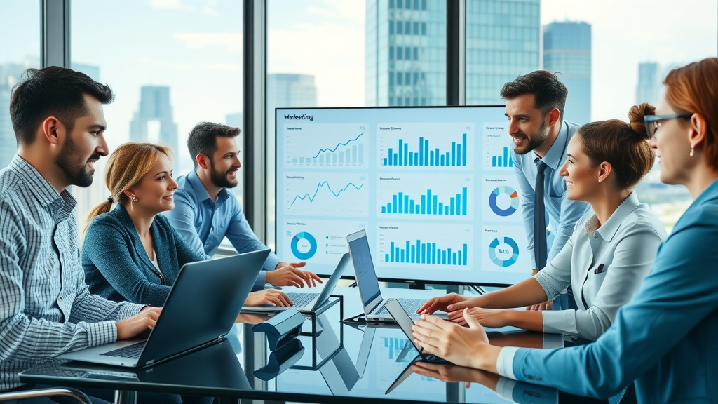 marketing automation meeting reviewing analytics on digital dashboard