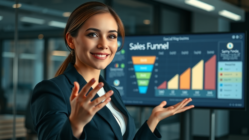 professional businesswoman visualizing sales funnel stages, presenting optimized funnel stages on a digital display