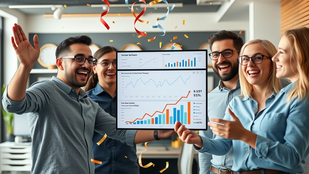 successful ecommerce team celebrating in front of analytics dashboard showing rising sales, campaign performance, marketing analytics