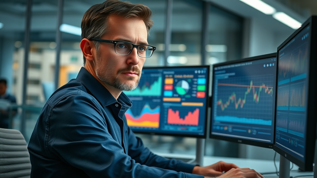 Analyst tracking email marketing best practices metrics on workstation with interactive graphs and dashboards