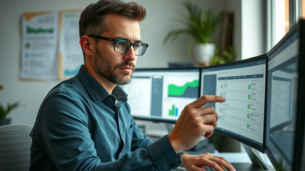 Organized marketing professional reviewing checklist of actions to optimize brand reputation online, checking analytics and digital alerts