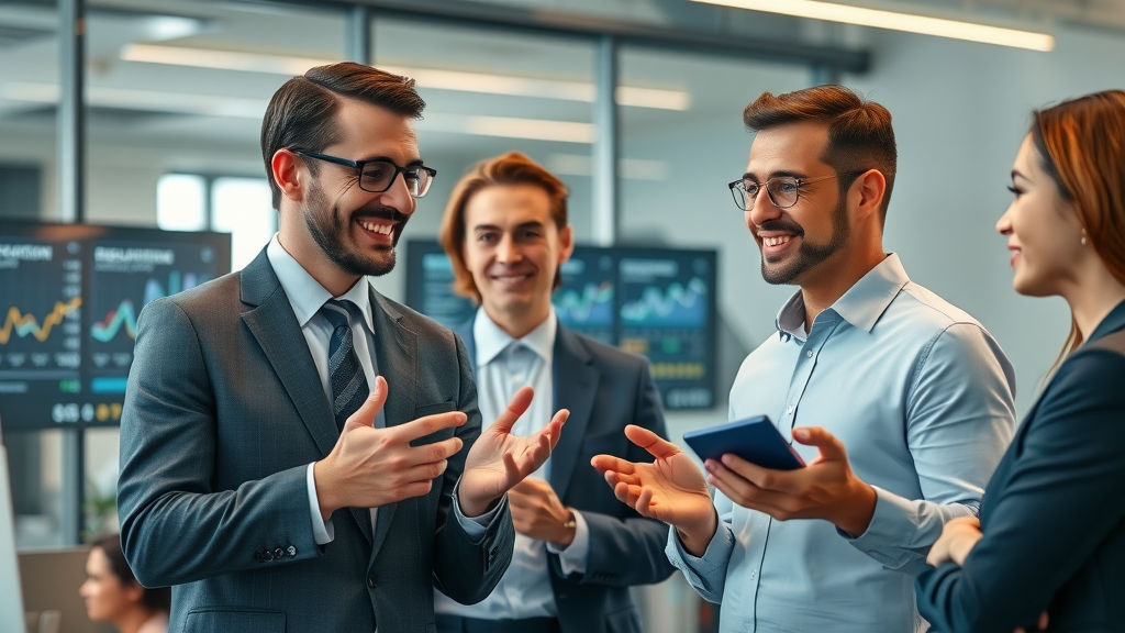 dynamic business professionals discussing digital reputation building and analytics in a modern office setting with reputation scores on digital screens