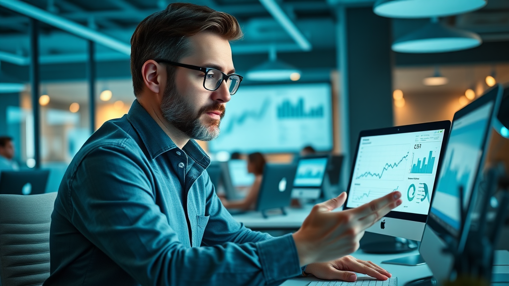 crm for small business - thoughtful business owner reviewing CRM-driven sales data, animated graphs, modern coworking space, happy staff, digital displays