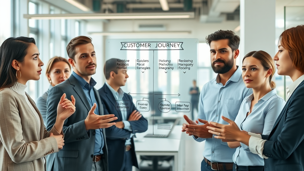 Sales and marketing team mapping customer journey for lead generation techniques with digital diagrams and journey stages.
