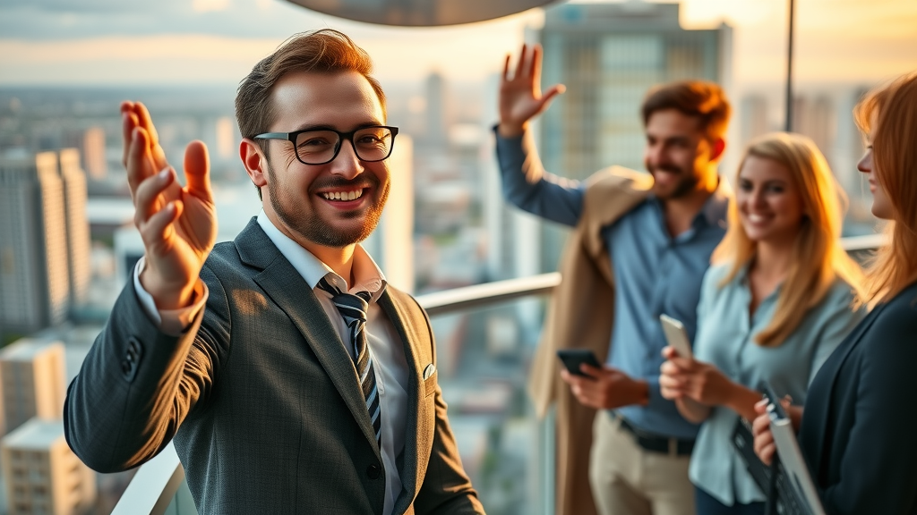 confident entrepreneur celebrating roi measurement success with colleagues
