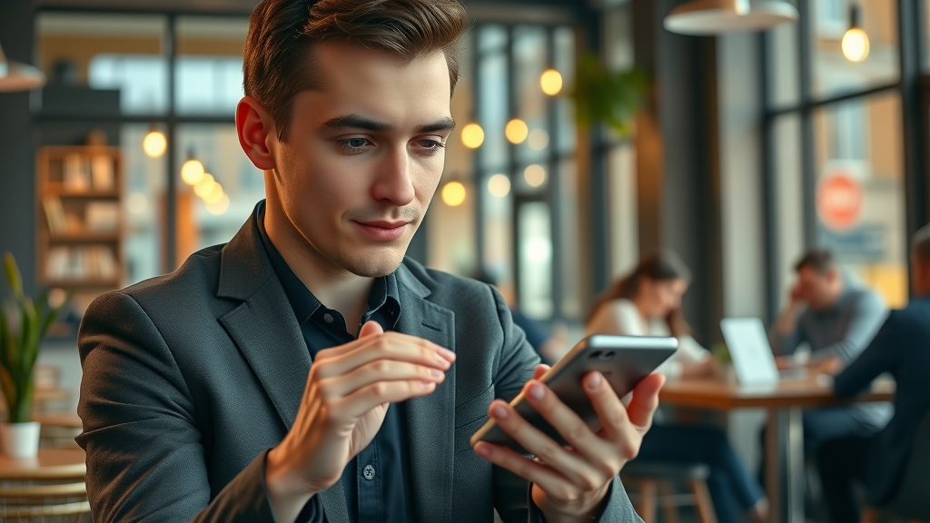 Young professional scrolling through responsive marketing emails on a smartphone, showing mobile device optimization in practice