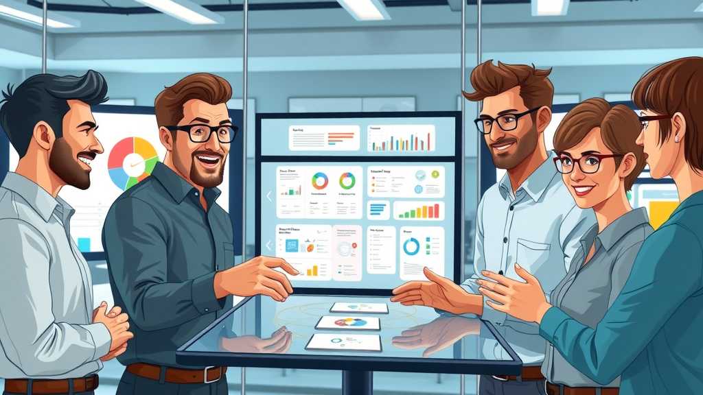 Organized team using workflow automation tools for scalable content marketing in a high-tech office