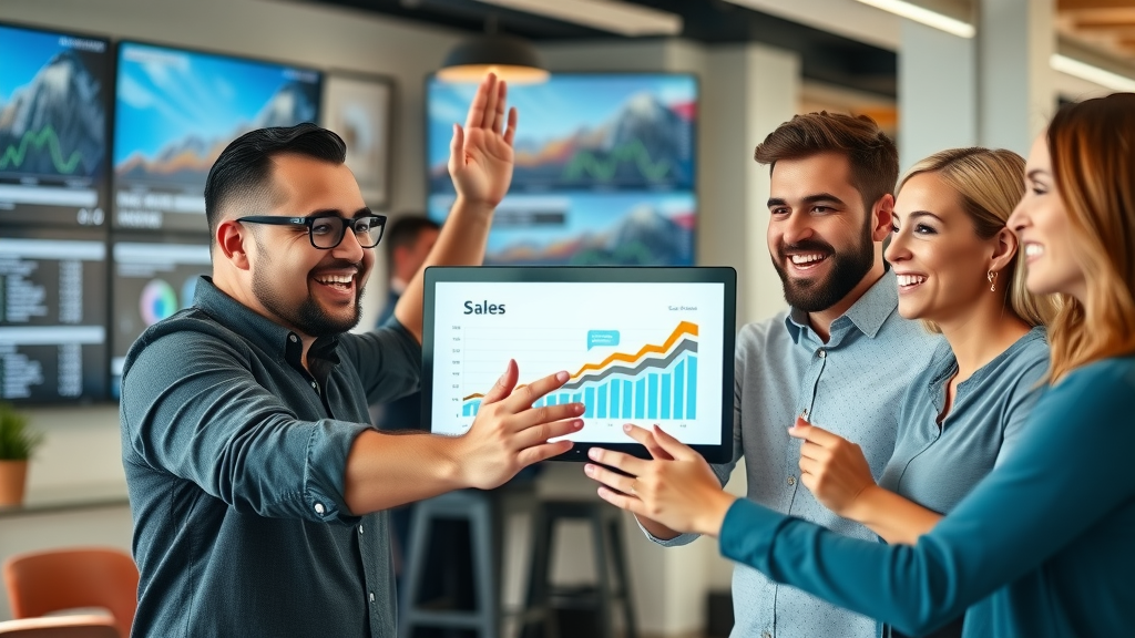 Celebratory small business team reviewing digital sales growth charts after successful marketing campaign