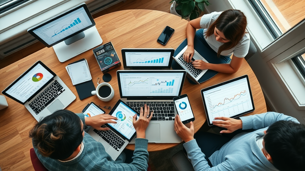 various analytics tools open on screens as marketers collaborate, analytics software, google analytics, semrush, hubspot