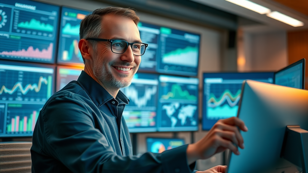 crm integration for marketing with sleek database interface, satisfied business user analyzing centralized customer data, digital office with monitors, data visualization