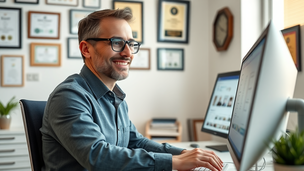 Business owner enhancing online presence on Google My Business to build good reputation