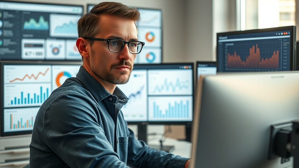 Various social media lead generation tool dashboards on monitors analyzed by a marketer.