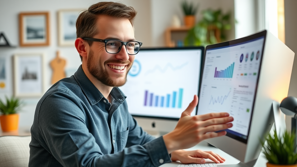 Motivated entrepreneur reviewing high-performing email campaign results on computer, satisfied with email marketing best practices