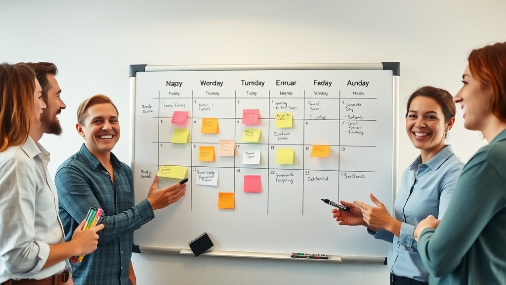 Organized marketing team creating a monthly content marketing calendar on a whiteboard in a lively office