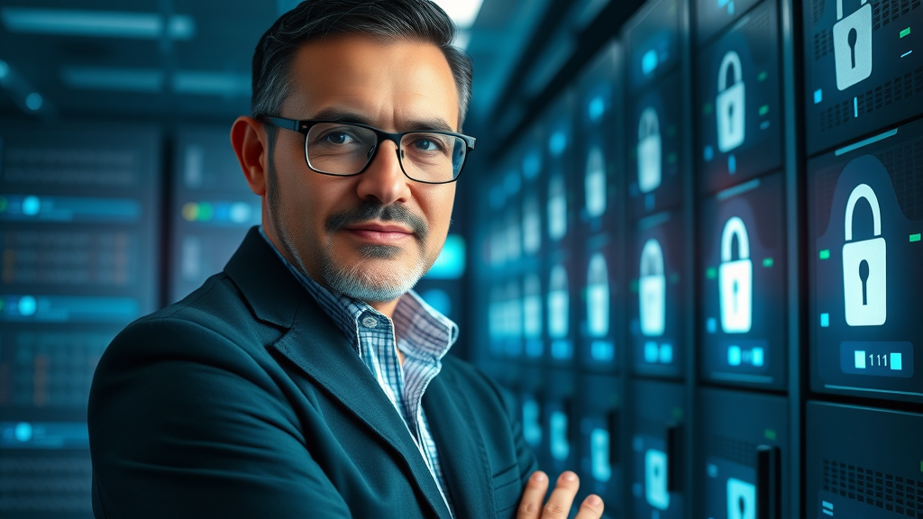 crm data security small business - responsible IT manager securing CRM data, secure server room, digital lock icons, vigilant and confident expression