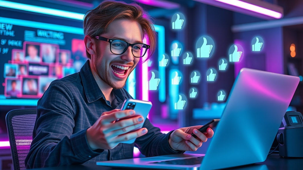 Energetic social media manager scheduling engaging social media content for marketing strategy with holographic icons