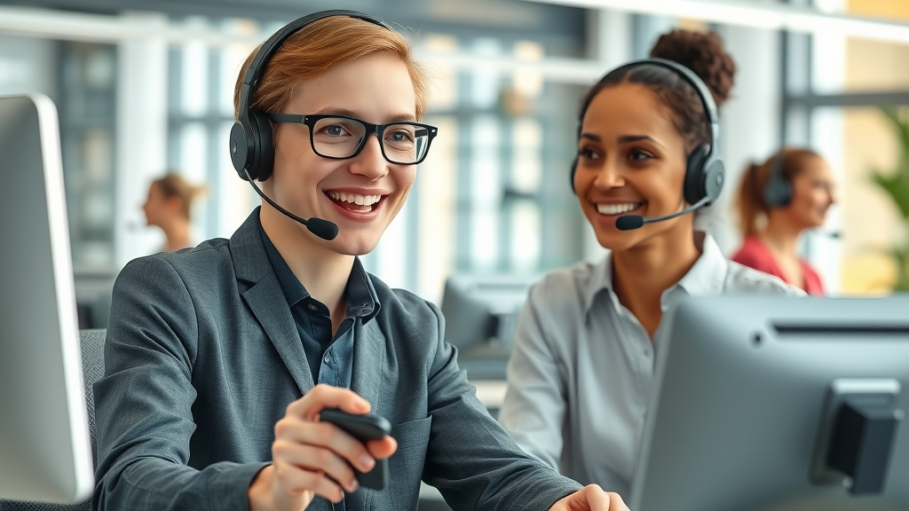 Customer service team engaging with clients via customer relationship management tools platform in a modern, supportive environment.