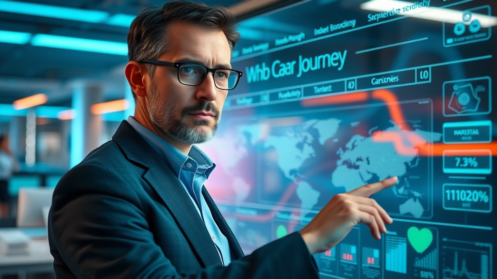 Business strategist mapping digital customer journey and acquisition strategy on touch interface