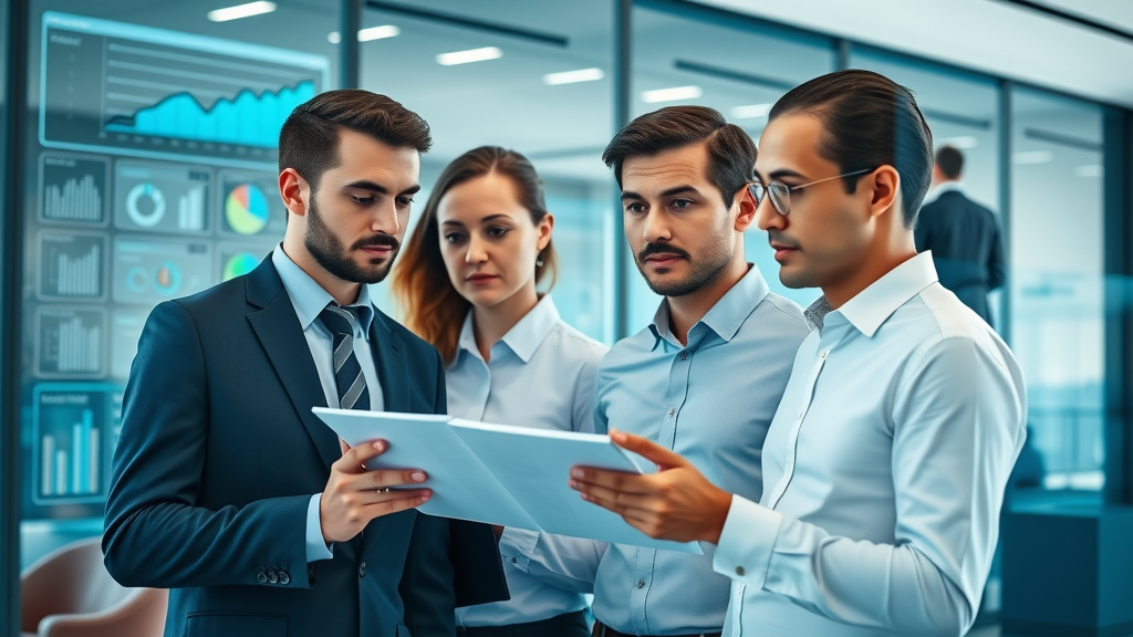 modern business team in office discussing lead generation techniques with digital dashboards, data charts, and a contemporary setup with a focus on quality leads.
