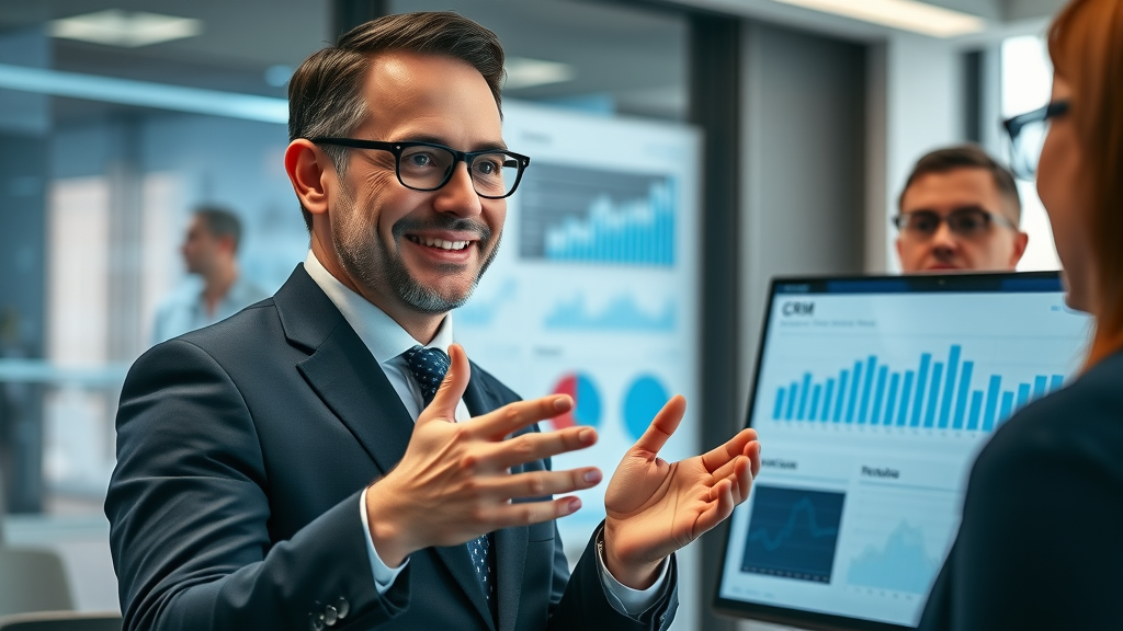 expert business consultant giving crm software advice to small business team