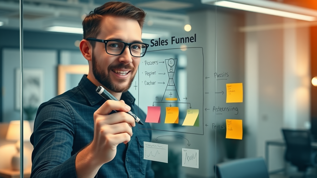 marketer planning sales funnel automation diagram on glass board, creative strategy session