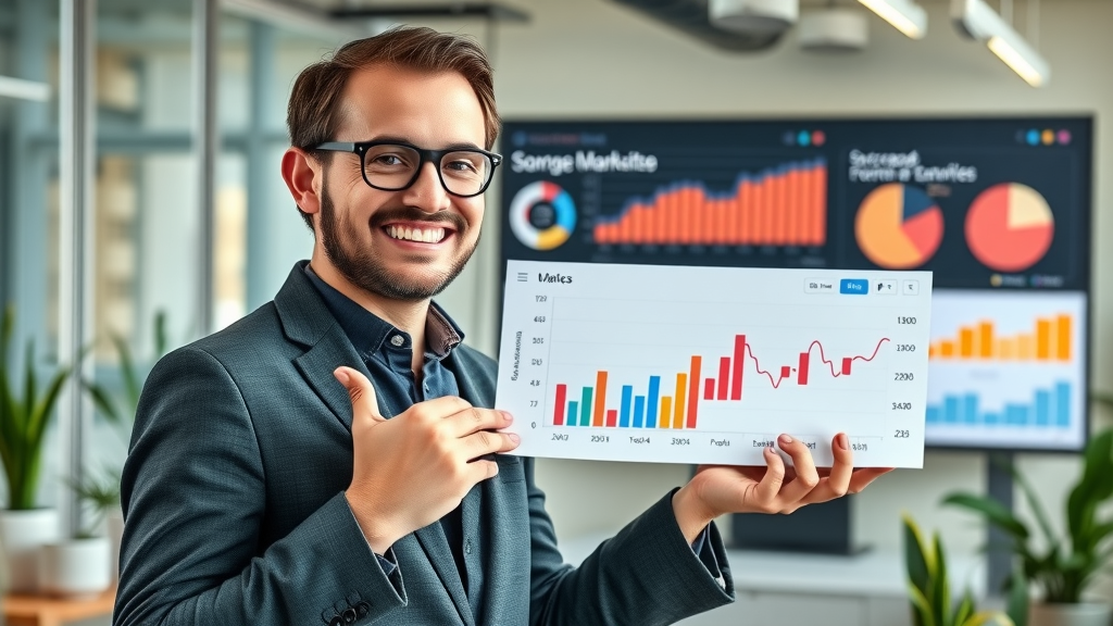 Confident marketer presenting increased engagement metrics from email marketing best practices, in a modern conference room