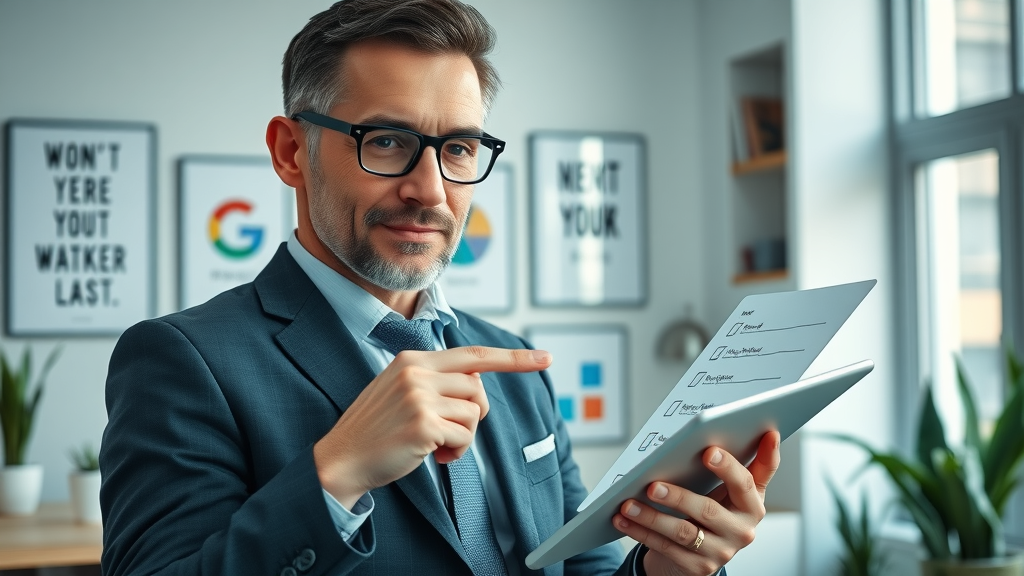 business consultant showing marketing checklist in a modern office, small business marketing strategies