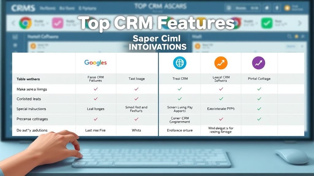table comparison graphic for crm integration for marketing, digital layout with icons and dashboard interface