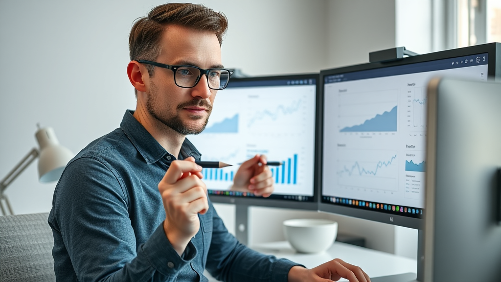 Confident marketer analyzing linear attribution model graphs for campaign optimization.