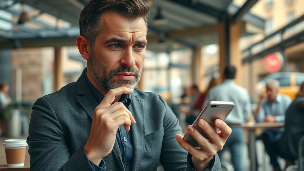 concerned business owner viewing smartphone notifications for online reputation management