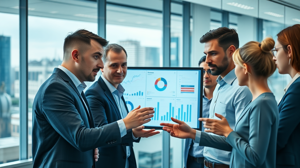 marketing kpis dynamic business team around digital dashboard discussing marketing performance
