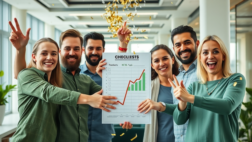 marketing kpis goal-driven team celebrating kpi success with checklist rising visualization