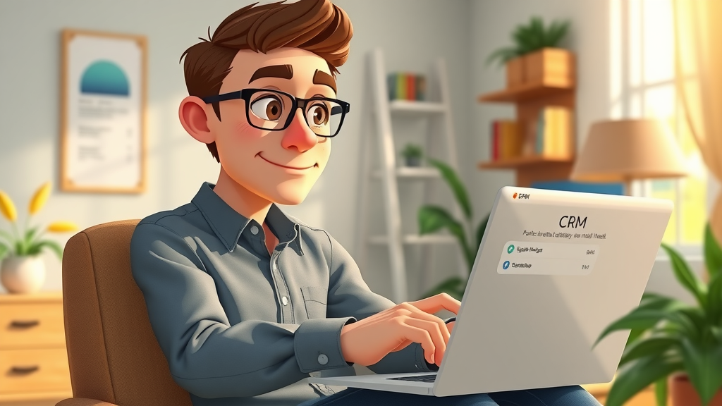crm for small business - inquisitive small business owner browsing CRM options on laptop, cozy office, UI elements, thoughtful expression