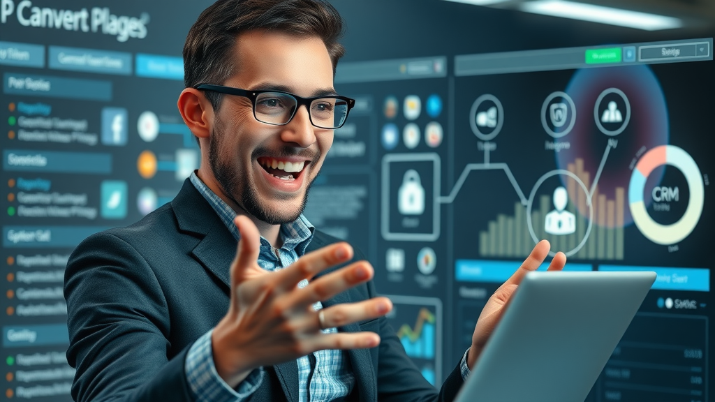 crm platform small business integrations - tech-savvy business owner connecting business management tools to CRM dashboard, digital integrations with glowing accents