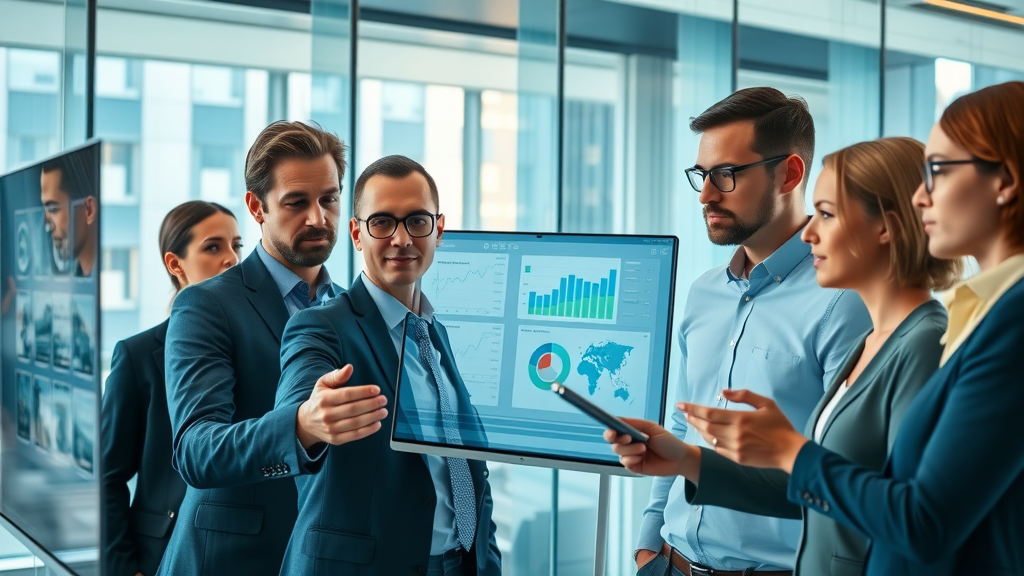 marketing team analyzing data-driven marketing analytics dashboards in a modern office, digital marketing focus, engaged discussion, competitive advantage