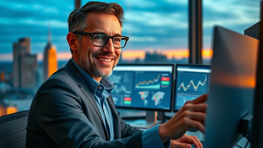 marketing kpis confident marketing manager reviewing analytics on multiple screens campaign metrics