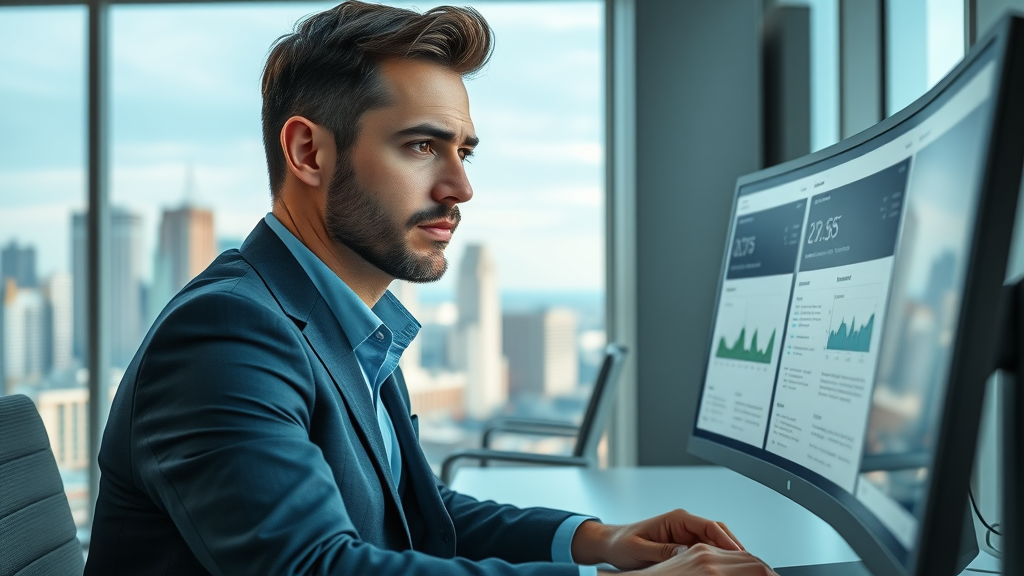 modern business owner analyzing digital reputation dashboard on computer in a sleek office environment, reputation monitoring tools in action with charts, notifications, and a city view