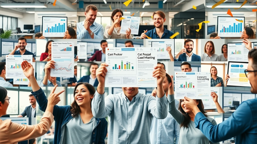 Happy brands sharing successful email marketing case study results in a vibrant office setting