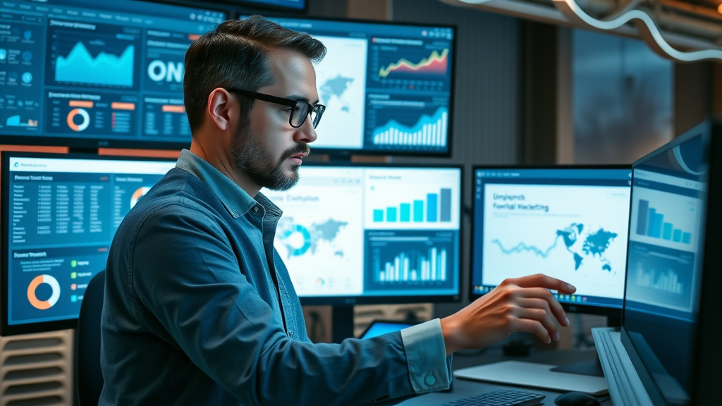 array of digital marketing software, sales funnel optimization tools, business professional reviewing funnel optimization platforms