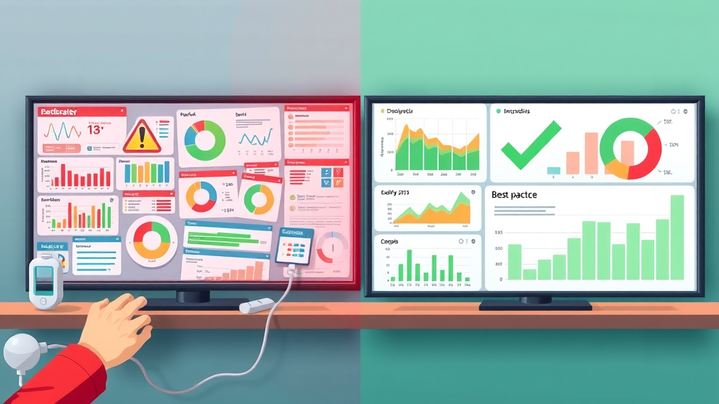 contrasting dashboards side by side, marketing dashboard, streamlined vs cluttered, dashboard mistakes and solutions