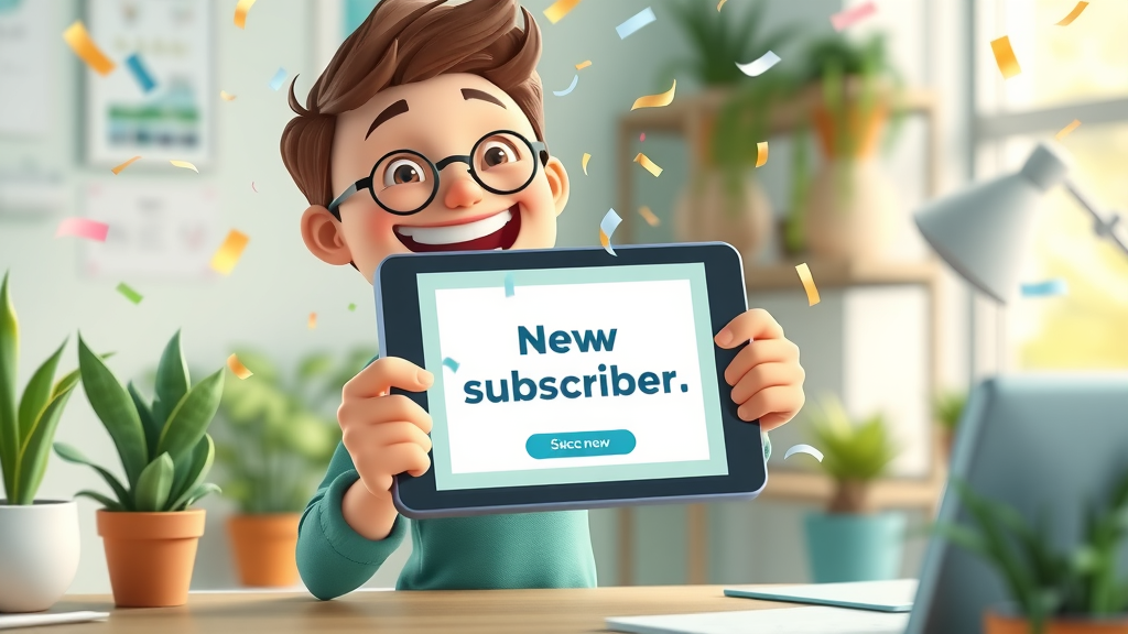New subscriber opening a cheerful, animated welcome email with celebratory elements
