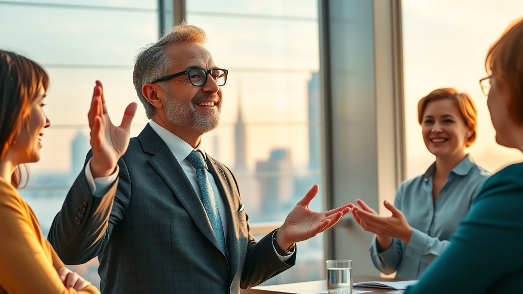 business leader presenting reputation management strategy to team - managing negative reviews - confident presentation