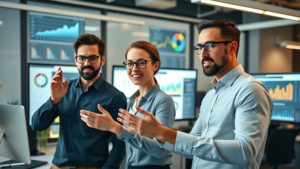 digital marketing metrics, modern digital marketing team analyzing data dashboards in a high-tech office